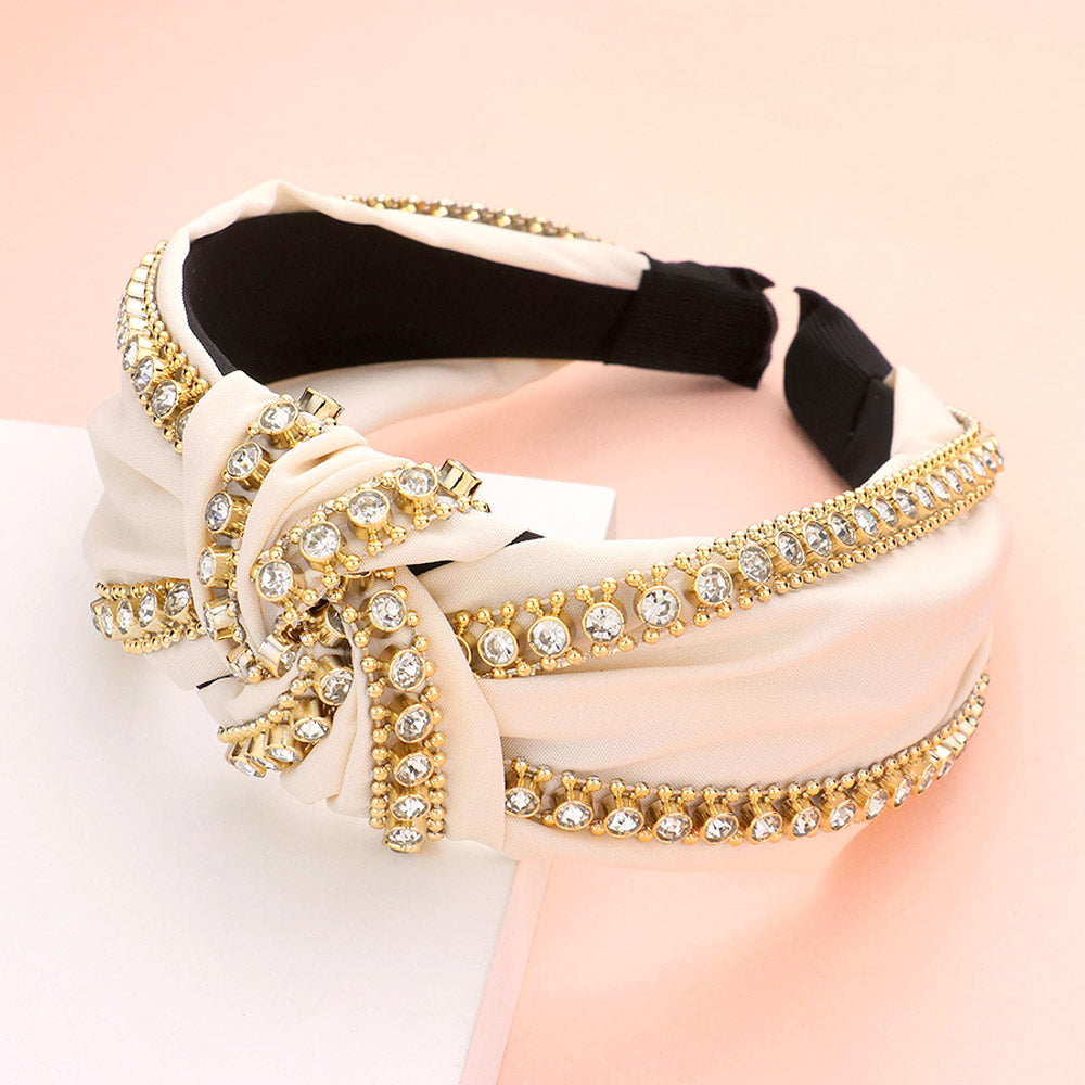 BLACK STONE METAL BALL EMBELLISHED KNOT HEADBAND