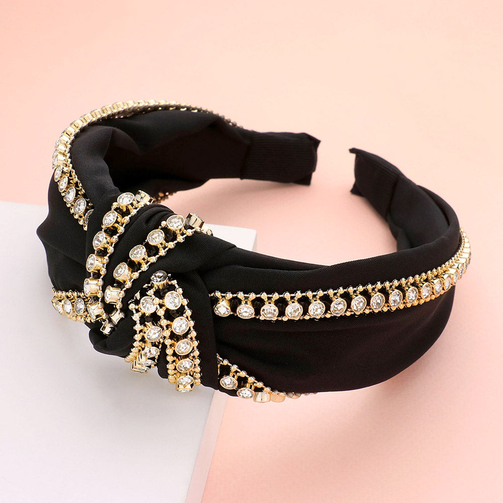 BLACK STONE METAL BALL EMBELLISHED KNOT HEADBAND